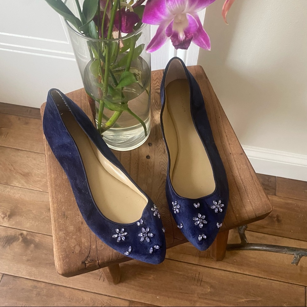 Ann Taylor Dark blue velvet flats with floral blue jewel embellishment | Size 10